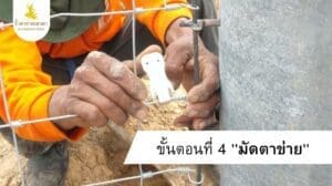 4.การติดตั้งรั้ว ขั้นตอนที่ 4 มัดตาข่ายให้ลวดชุบ