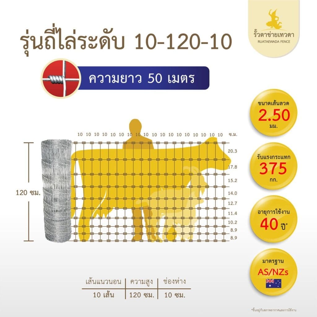 รั้วตาข่ายถักปม รุ่นถี่ไล่ระดับ รั้วเทวดา ความสูง 120 ซม. (ความยาว 50 ม.)