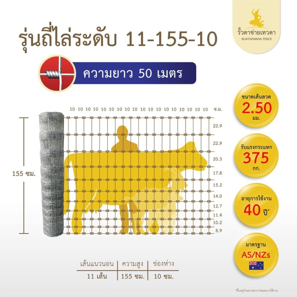รั้วตาข่ายถักปม รุ่นถี่ไล่ระดับ รั้วเทวดา ความสูง 155 ซม. (ความยาว 50 ม.)